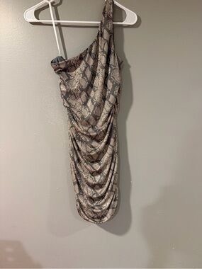 One-Shoulder Snake-Print Draped Mini Dress in Brown and Cream